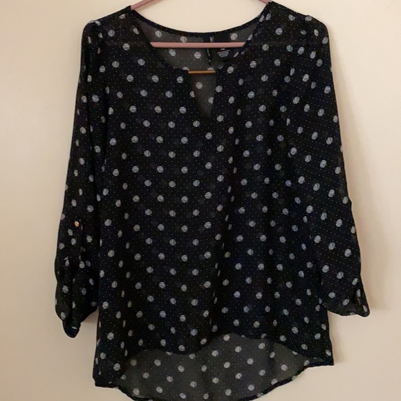 NEW DIRECTIONS POLKA DOT SHEER LONG SLEEVE BLOUSE PETITE MEDIUM BLACK AND WHITE - Picture 2 of 10